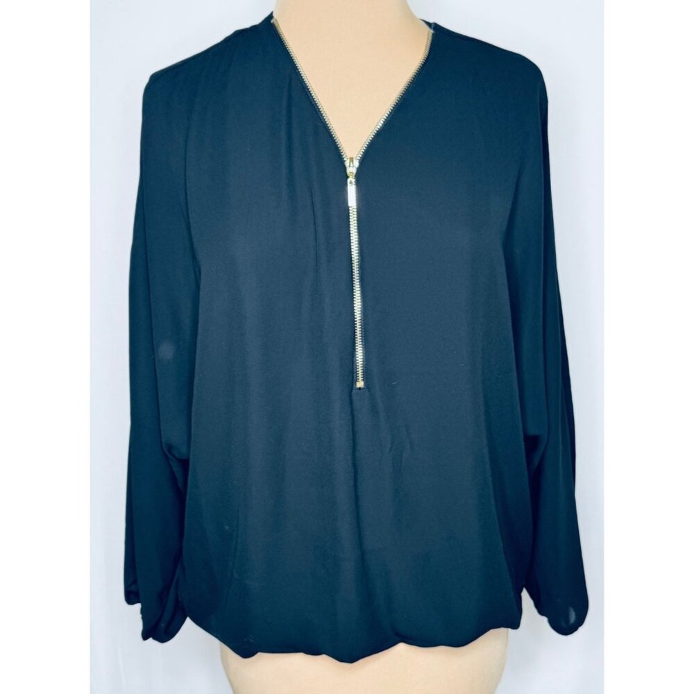 Tahari Womens Black Blouse With Gold Zipper Neckline Size M